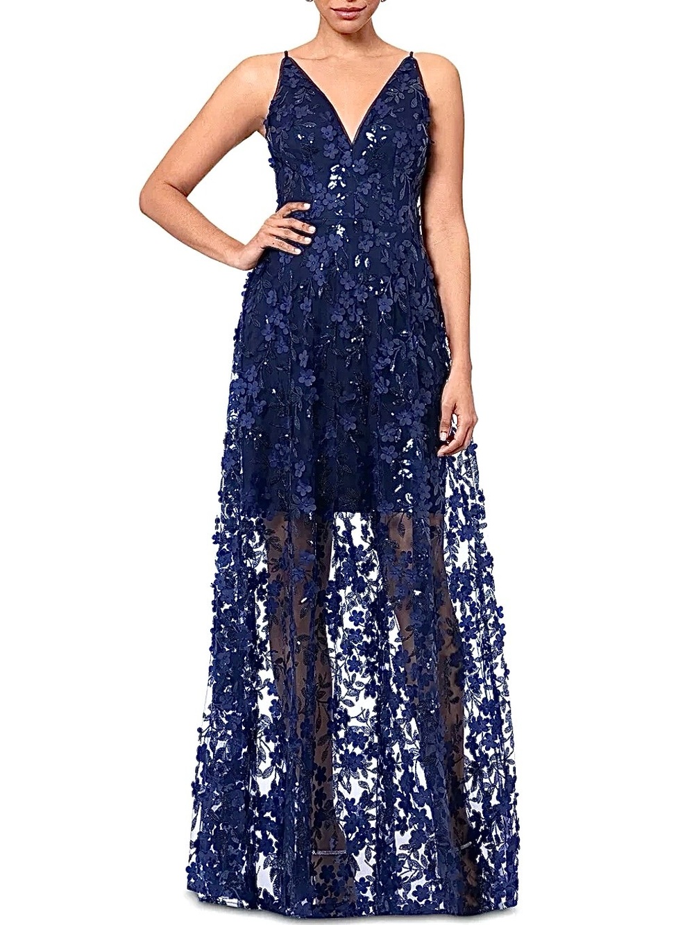 NWT Xscape Navy 3D Floral Sequin Gown Dress 12 Formal Prom Wedding
